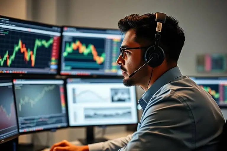 Illustration of a funded trader analyzing charts in a prop firm environment