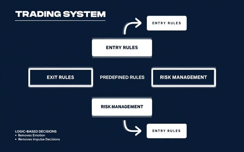 A trading system is a set of predefined rules for entries, exits, and risk management
