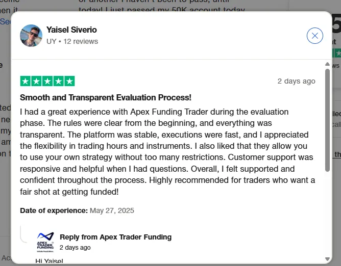 how does apex trader funding work - review from Trustpilot