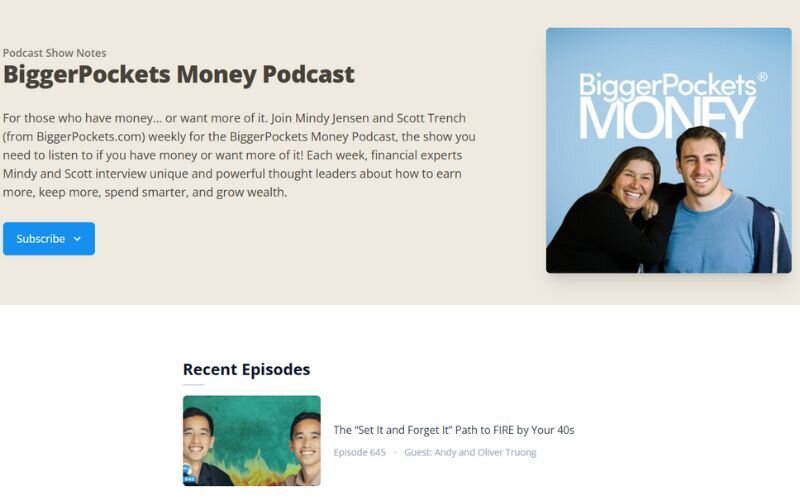 BiggerPockets Money by Scott Trench and Mindy Jensen focus on financial independence through real estate