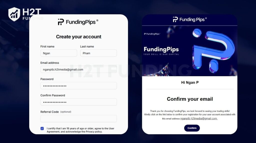 Fill in your personal details and email to create your Funding Pips account