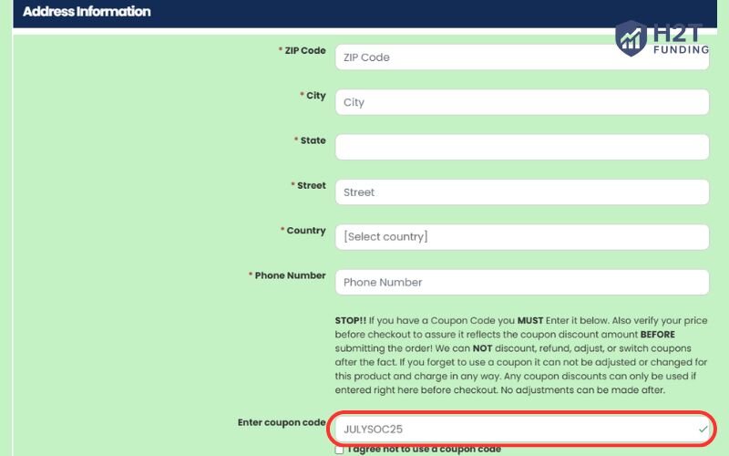 In the “Enter Coupon Code” field, input a valid code, and verify the discount before proceeding