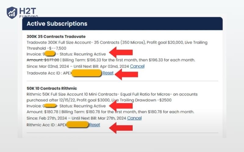 Locate the evaluation account you want to reset and click the Reset button