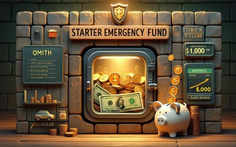 Saving a starter emergency fund, typically $1,000 or one month of essential expenses