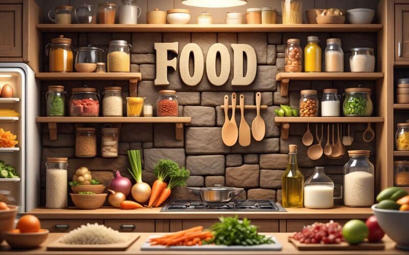 This wall covers basic groceries that allow you to prepare meals at home