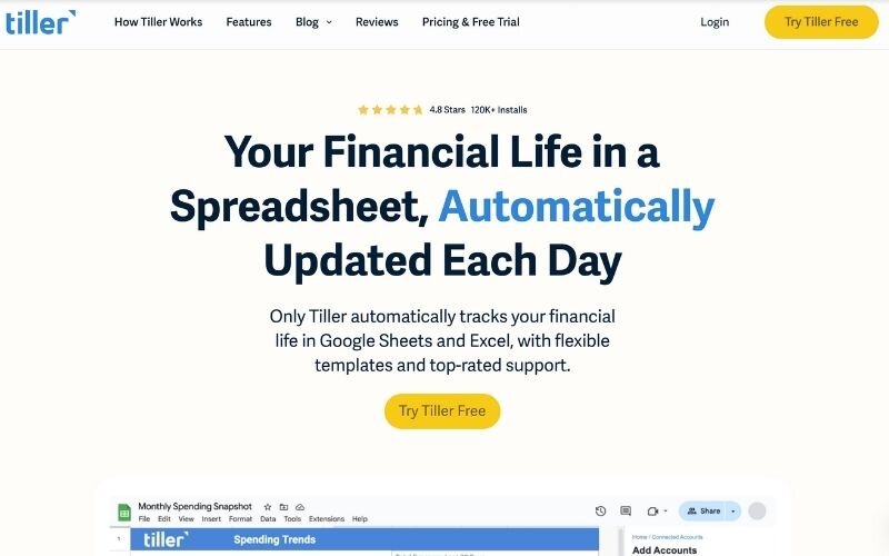 Tiller Money connects directly to Google Sheets or Excel and updates your data automatically